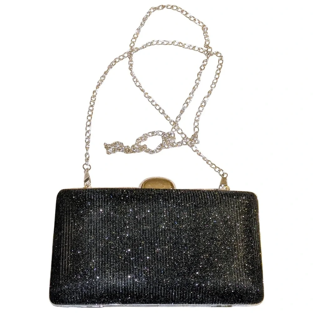 D'margeaux‎ Black Glitter Pleated Evening Clutch Bag Silver Chain YG92281B NEW